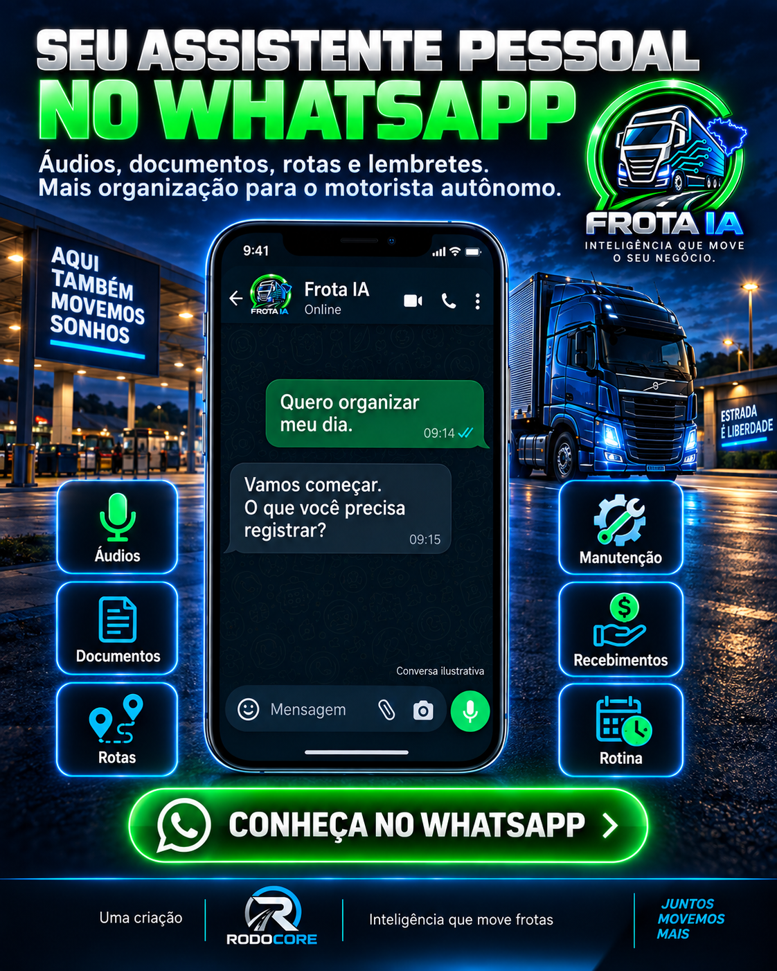 Arte Frota IA: assistente pessoal no WhatsApp para o motorista autônomo, com áudio, documentos, rotas, manutenção e lembretes.