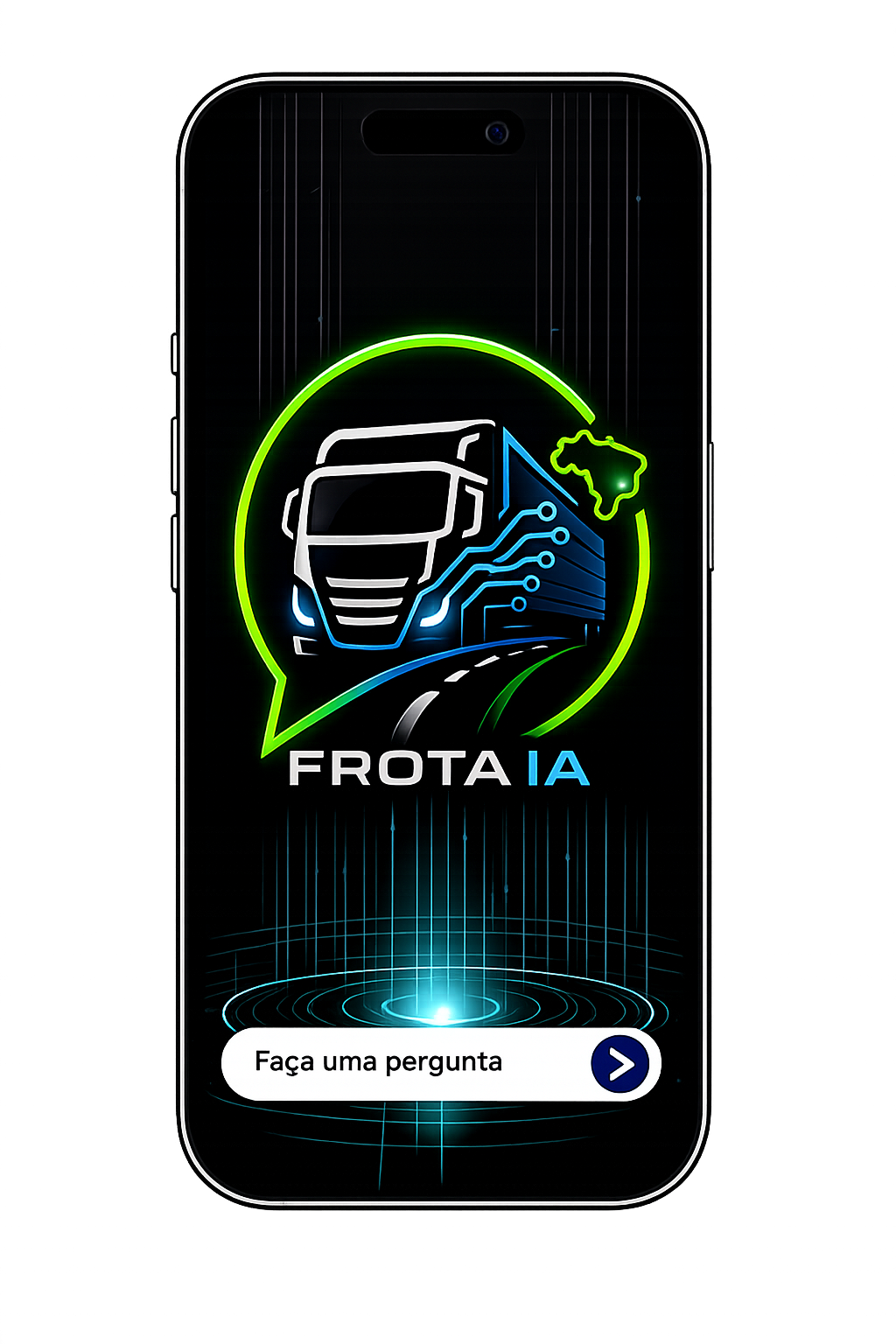 Celular exibindo o app do Frota IA, com a logo e o campo "Faça uma pergunta"